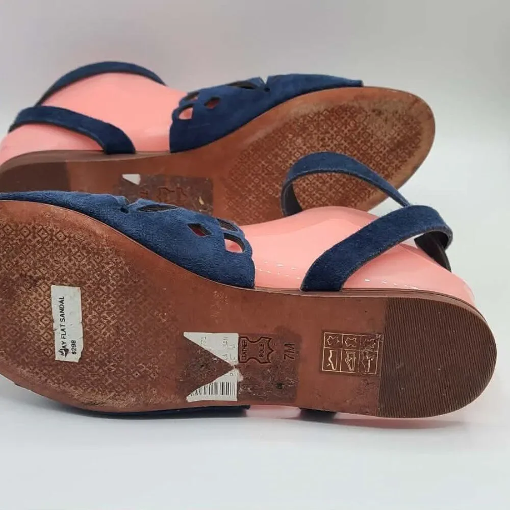 Tory Burch May Flat Lancaster Navy Ankle Strap Sandals size 7M